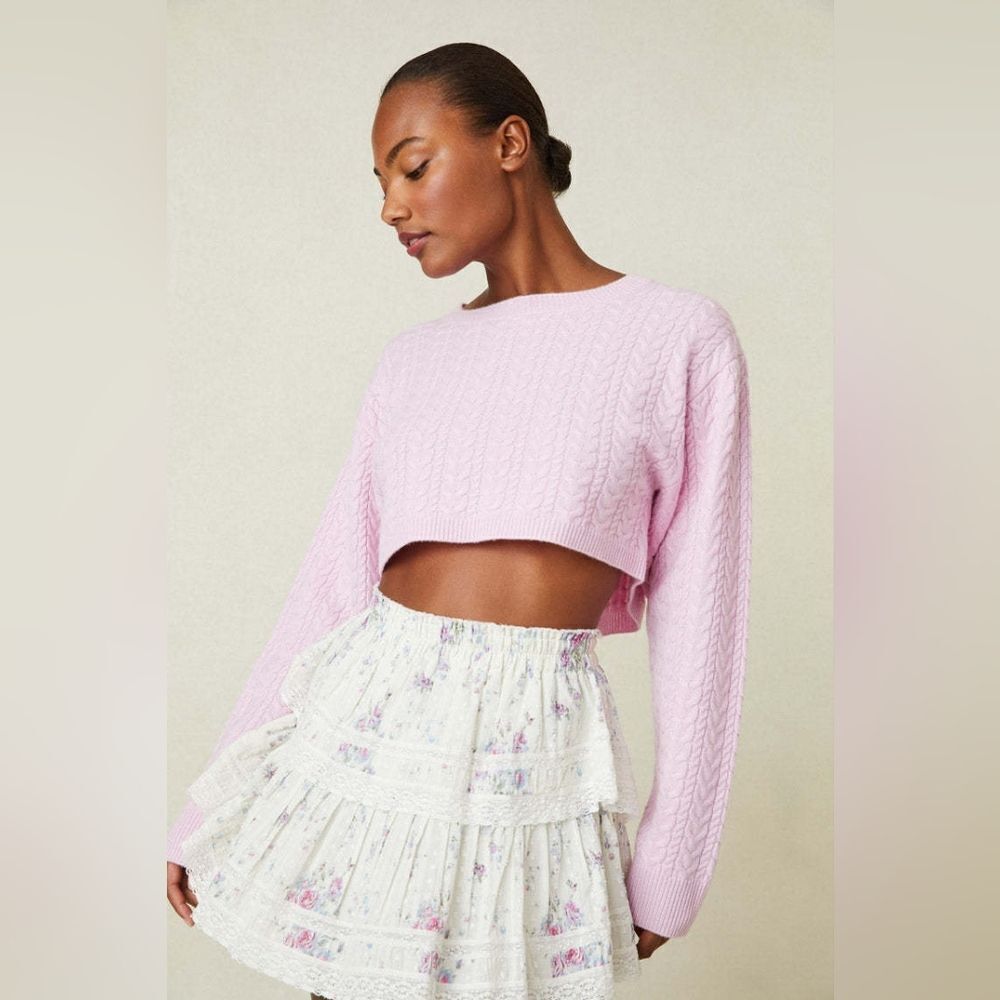Loveshackfancy Calloway Crop Sweater In Pale Rose - Size Xs